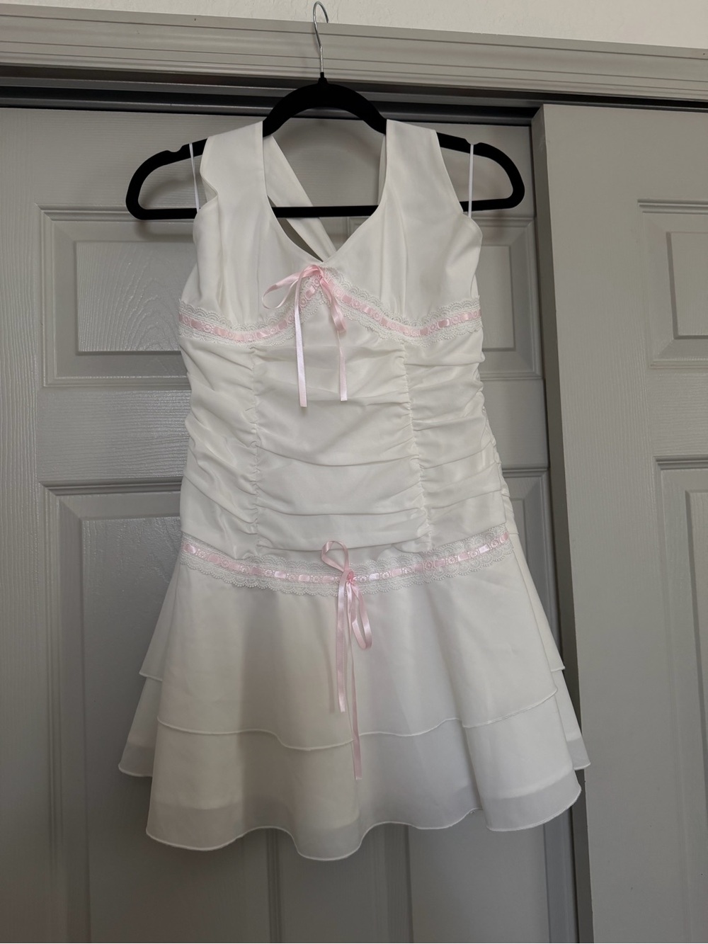 Peppermayo White Halter Ruched Mini Dress with Ruffle Hem - Picture 3 of 5